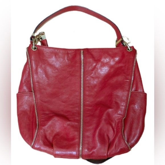 Michael Kors Red Leather Zip Pocket Shoulder Hobo Bag Gold Hardware MK Logo - Picture 3 of 6